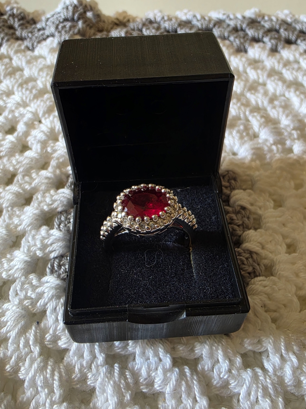 White Gold Platted Ring with Red Gemstone - Elegant Women's Fashion Ring, Size 8